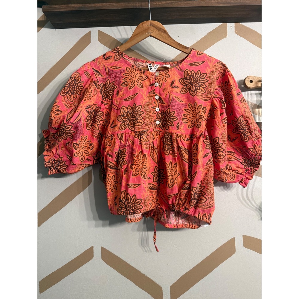 Roxy Blouse Womens Small Pink Tropical Floral Puff Sleeve Peplum Cotton Top